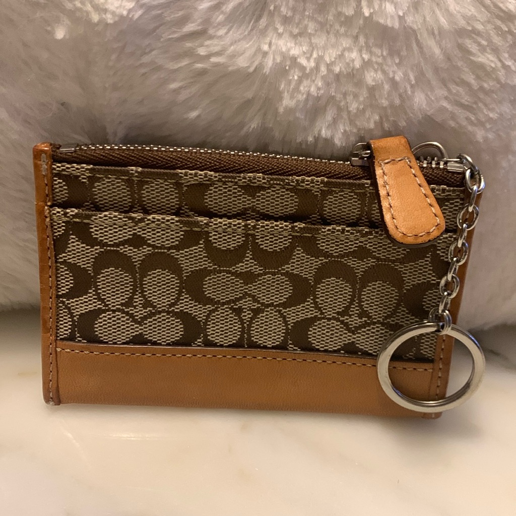 Coach Signature Canvas And Leather Zipper Key Chain Id Wallet Coin Purse